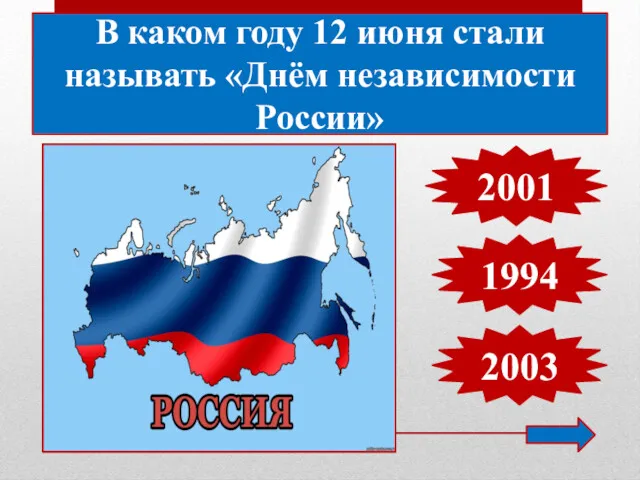 В каком году 12 июня стали называть «Днём независимости России» 1994 2001 2003