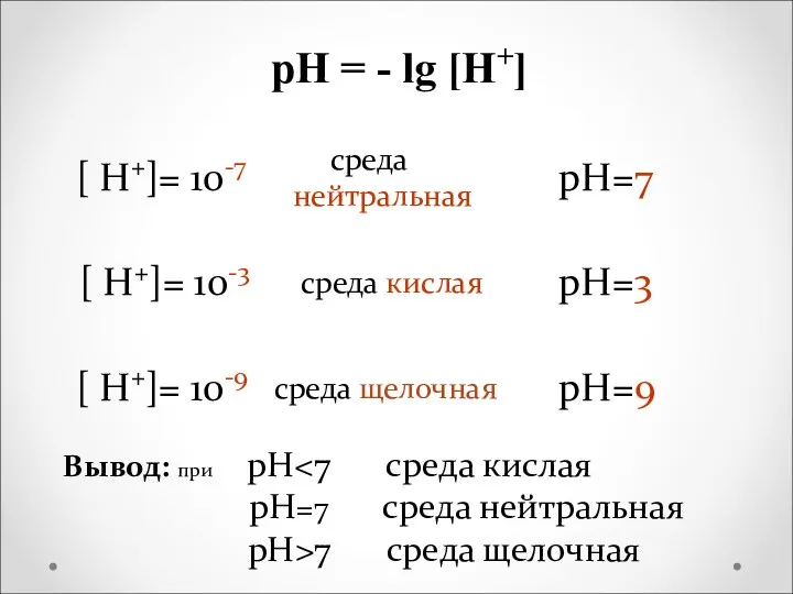 рН = - lg [H+] [ H+]= 10-7 pH=7 [ H+]= 10-3 pH=3