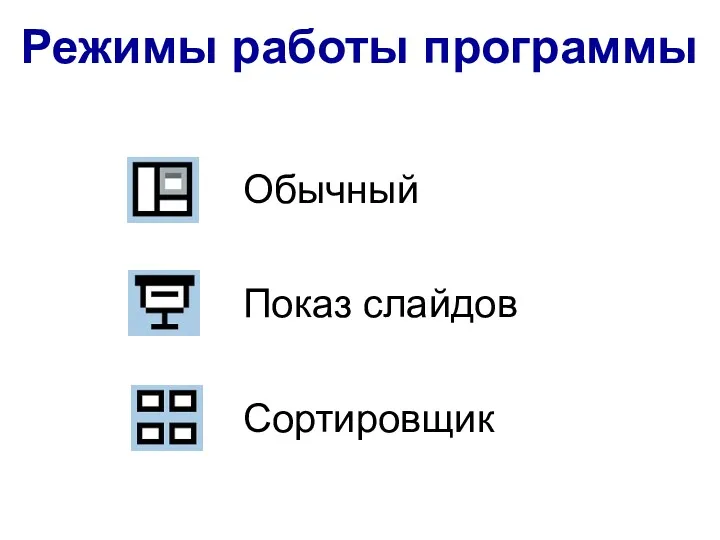 Режимы работы программы Обычный Сортировщик Показ слайдов