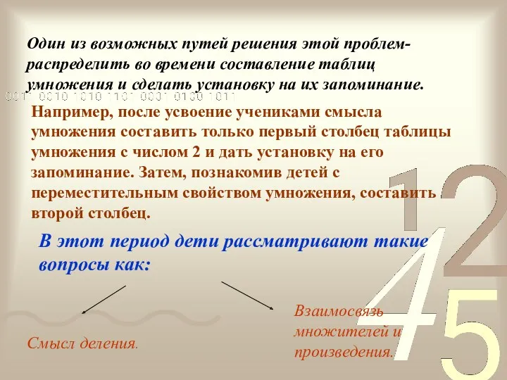 Один из возможных путей решения этой проблем- распределить во времени составление таблиц умножения