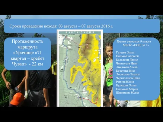 Сроки проведения похода: 03 августа – 07 августа 2016 г. Протяженность маршрута «Урочище