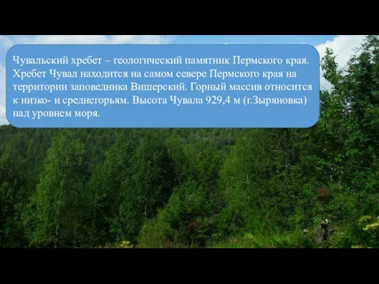 Чувальский хребет – геологический памятник Пермского края. Хребет Чувал находится на самом севере