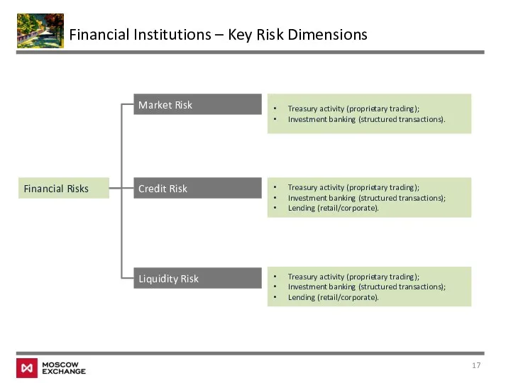 Financial Institutions – Key Risk Dimensions Financial Risks Market Risk Credit Risk Liquidity