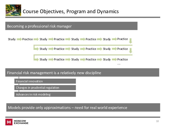 Course Objectives, Program and Dynamics Becoming a professional risk manager Study Practice Study