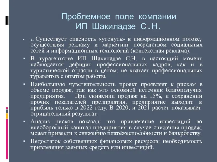 Проблемное поле компании ИП Шакиладзе С.Н. 1. Существует опасность «утонуть»