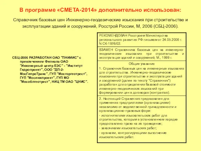 В программе «СМЕТА-2014» дополнительно использован: Справочник базовых цен Инженерно-геодезические изыскания