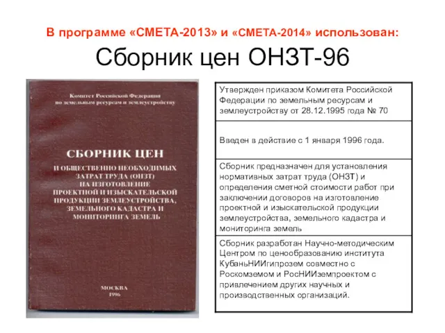 В программе «СМЕТА-2013» и «СМЕТА-2014» использован: Сборник цен ОНЗТ-96