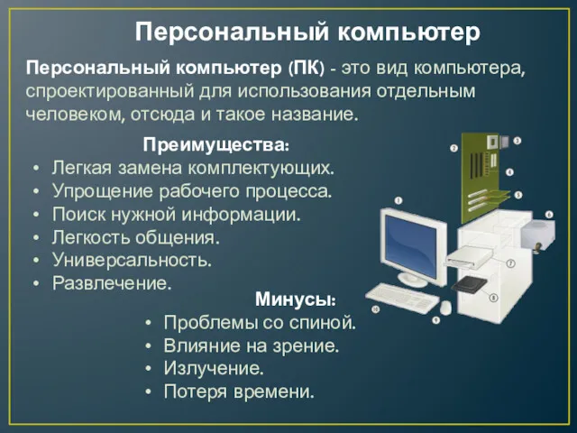 Персональный компьютер Персональный компьютер (ПК) - это вид компьютера, спроектированный