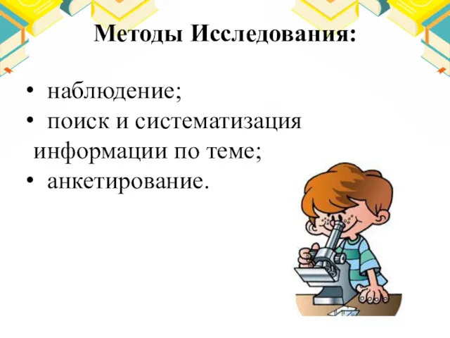 Методы Исследования: наблюдение; поиск и систематизация информации по теме; анкетирование.