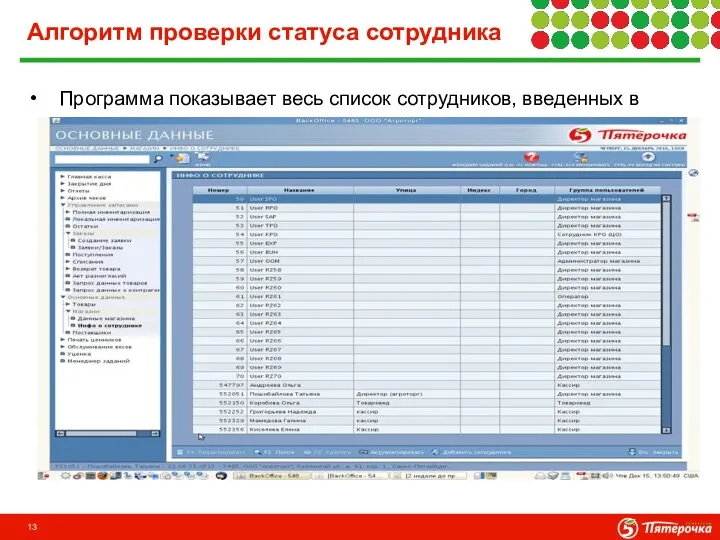 Алгоритм проверки статуса сотрудника Программа показывает весь список сотрудников, введенных в программу