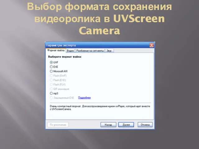 Выбор формата сохранения видеоролика в UVScreen Camera