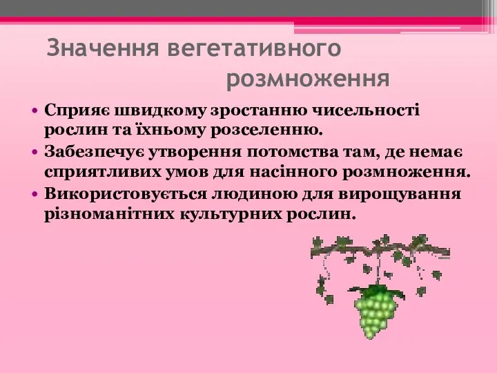 Значення вегетативного розмноження Сприяє швидкому зростанню чисельності рослин та їхньому