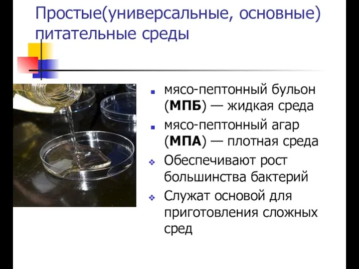 Простые(универсальные, основные) питательные среды мясо-пептонный бульон (МПБ) — жидкая среда