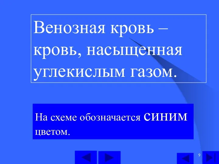 Венозная кровь – кровь, насыщенная углекислым газом. На схеме обозначается синим цветом.