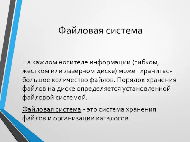 Файловая система На каждом носителе информации (гибком, жестком или лазерном диске) может храниться