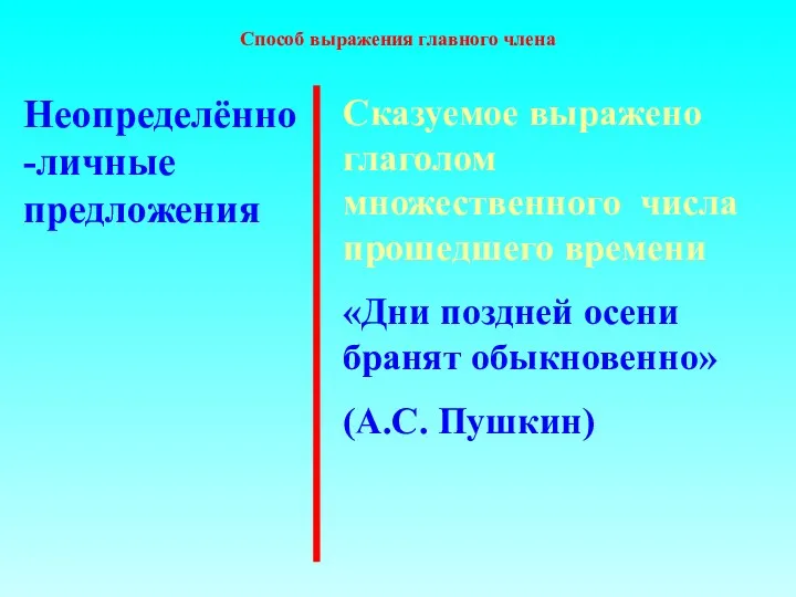 Способ выражения главного члена Неопределённо-личные предложения Сказуемое выражено глаголом множественного