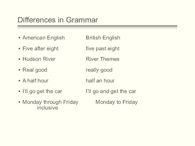 Differences in Grammar American English British English Five after eight five past eight