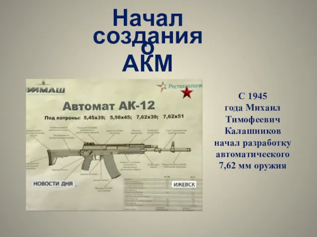 Начало создания АКМ С 1945 года Михаил Тимофеевич Калашников начал разработку автоматического 7,62 мм оружия