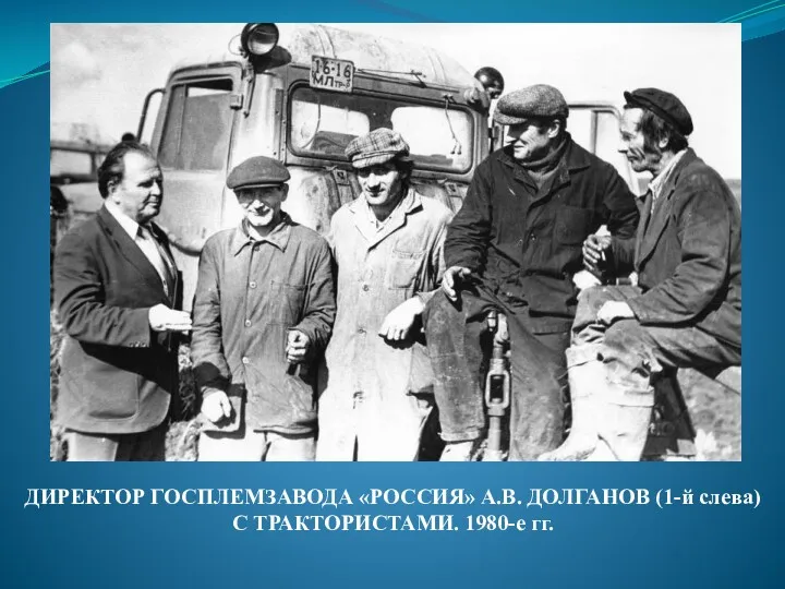 ДИРЕКТОР ГОСПЛЕМЗАВОДА «РОССИЯ» А.В. ДОЛГАНОВ (1-й слева) С ТРАКТОРИСТАМИ. 1980-е гг.