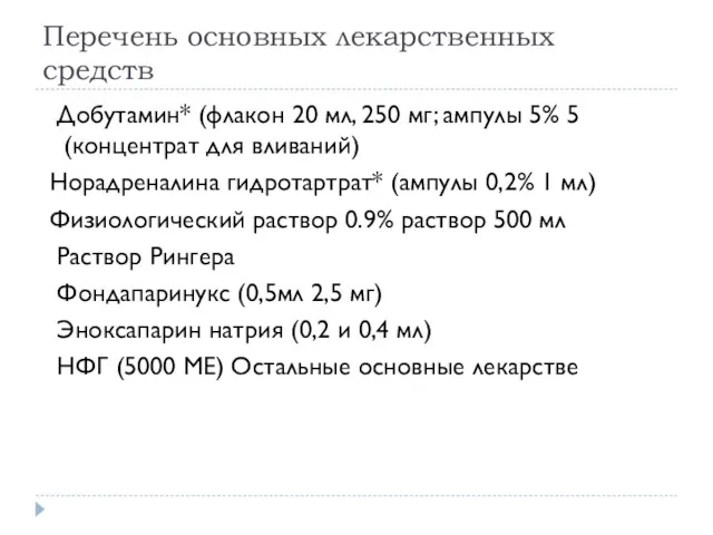 Перечень основных лекарственных средств Добутамин* (флакон 20 мл, 250 мг;