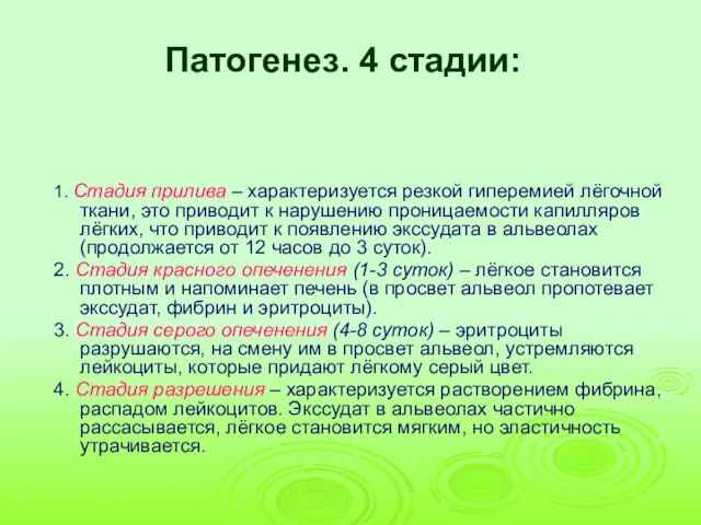 Патогенез. 4 стадии: 1. Стадия прилива – характеризуется резкой гиперемией