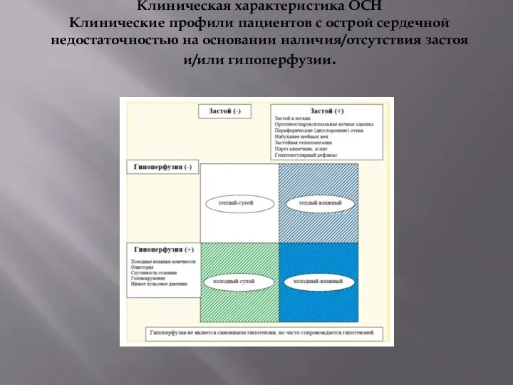 Клиническая характеристика ОСН Клинические профили пациентов с острой сердечной недостаточностью на основании наличия/отсутствия застоя и/или гипоперфузии.