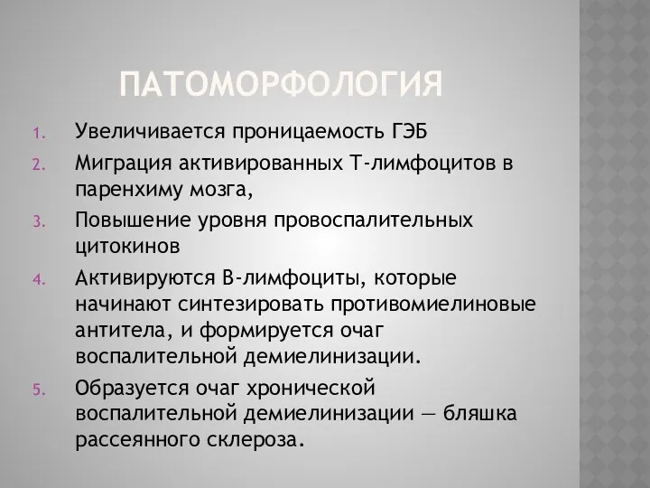 ПАТОМОРФОЛОГИЯ Увеличивается проницаемость ГЭБ Миграция активированных Т-лимфоцитов в паренхиму мозга,