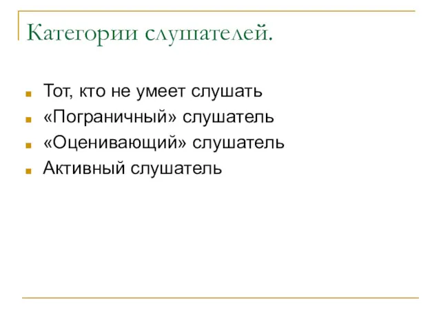 Категории слушателей. Тот, кто не умеет слушать «Пограничный» слушатель «Оценивающий» слушатель Активный слушатель