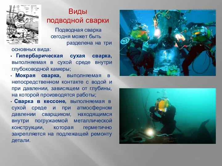 Виды подводной сварки Подводная сварка сегодня может быть разделена на три основных вида: