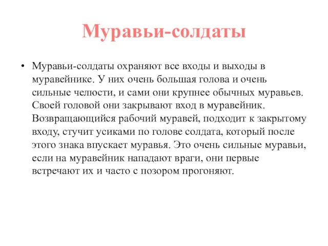 Муравьи-солдаты Муравьи-солдаты охраняют все входы и выходы в муравейнике. У