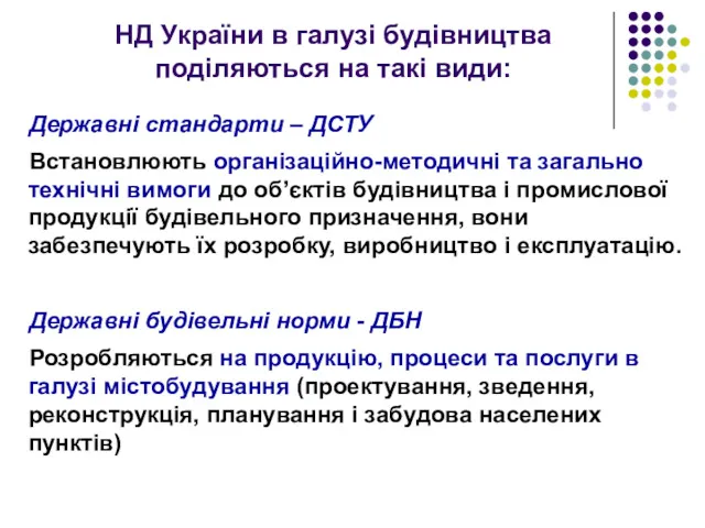 НД України в галузі будівництва поділяються на такі види: Державні