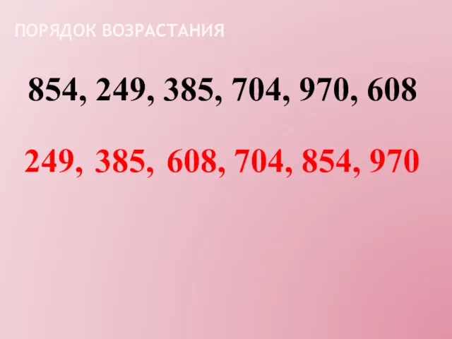 854, 249, 385, 704, 970, 608 249, 385, 608, 704, 854, 970 ПОРЯДОК ВОЗРАСТАНИЯ