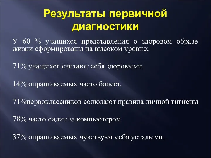 Результаты первичной диагностики У 60 % учащихся представления о здоровом