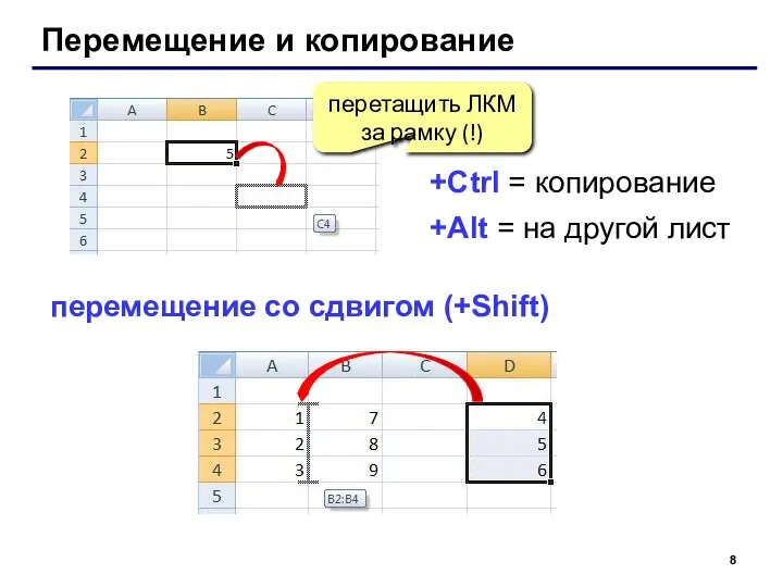 Перемещение и копирование перетащить ЛКМ за рамку (!) +Ctrl =