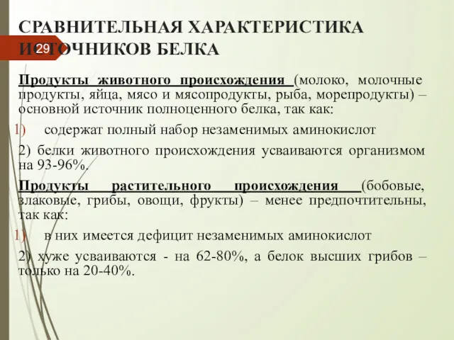 СРАВНИТЕЛЬНАЯ ХАРАКТЕРИСТИКА ИСТОЧНИКОВ БЕЛКА Продукты животного происхождения (молоко, молочные продукты,