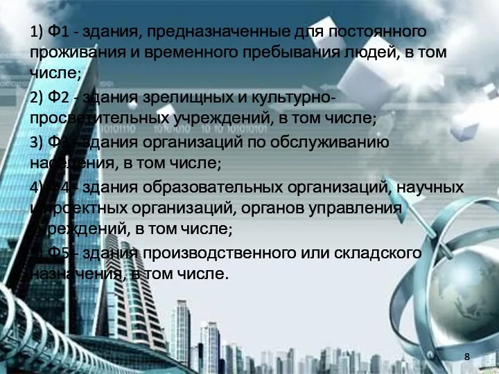 1) Ф1 - здания, предназначенные для постоянного проживания и временного