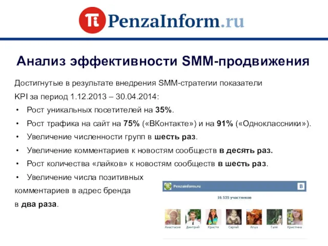 Достигнутые в результате внедрения SMM-стратегии показатели KPI за период 1.12.2013