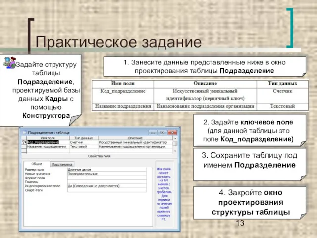 Практическое задание Задайте структуру таблицы Подразделение, проектируемой базы данных Кадры