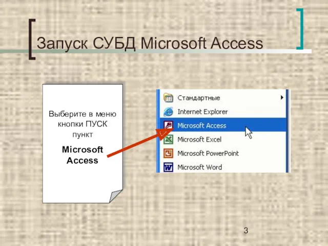 Запуск СУБД Microsoft Access Выберите в меню кнопки ПУСК пункт Microsoft Access