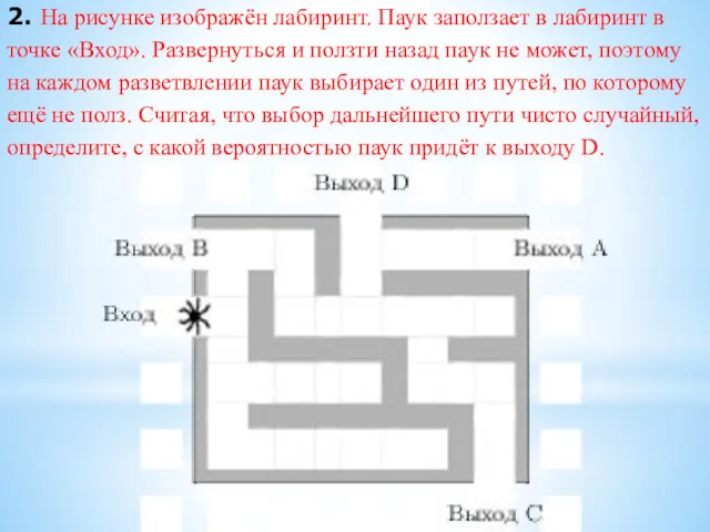 2. На рисунке изображён лабиринт. Паук заползает в лабиринт в