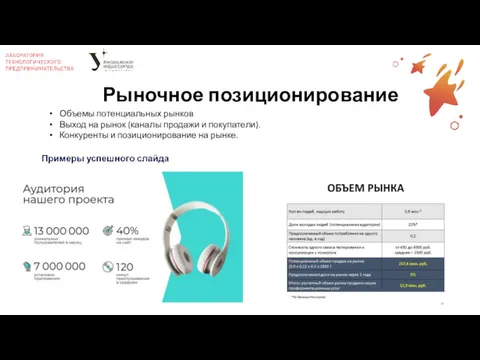 Рыночное позиционирование Объемы потенциальных рынков Выход на рынок (каналы продажи