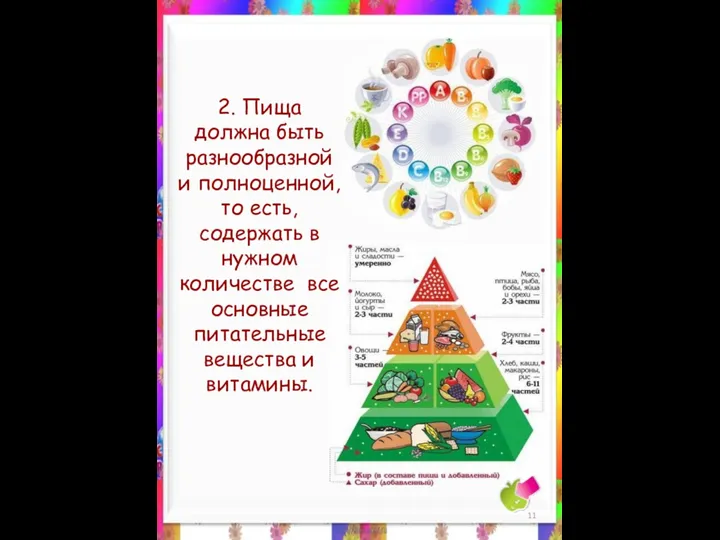 2. Пища должна быть разнообразной и полноценной, то есть, содержать