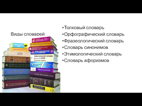 Виды словарей Толковый словарь Орфографический словарь Фразеологический словарь Словарь синонимов Этимологический словарь Словарь афоризмов