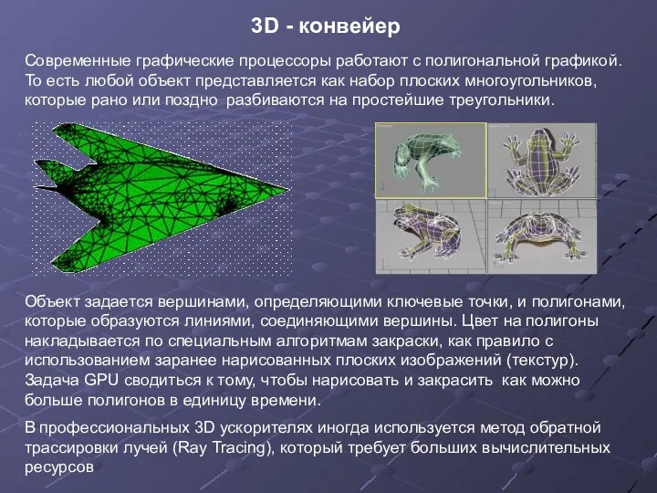 3D - конвейер Современные графические процессоры работают с полигональной графикой.