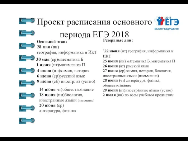 Проект расписания основного периода ЕГЭ 2018 Основной этап: 28 мая