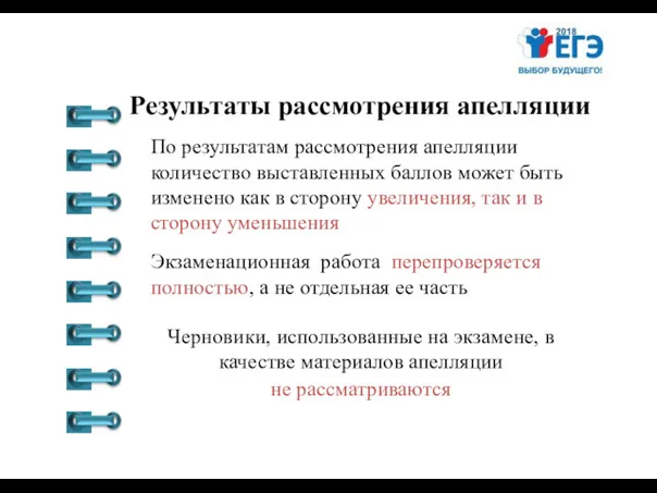 Результаты рассмотрения апелляции По результатам рассмотрения апелляции количество выставленных баллов