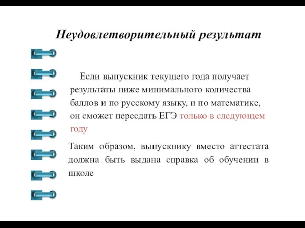 Неудовлетворительный результат Если выпускник текущего года получает результаты ниже минимального