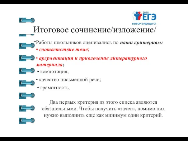 Итоговое сочинение/изложение/ - Работы школьников оценивались по пяти критериям: •