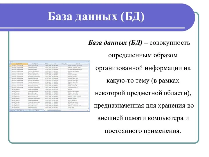 База данных (БД) База данных (БД) – совокупность определенным образом