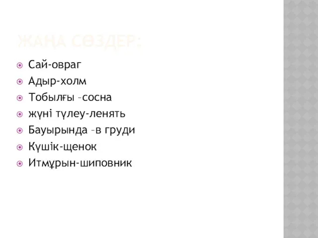 ЖАҢА СӨЗДЕР: Сай-овраг Адыр-холм Тобылғы –сосна жүні түлеу-ленять Бауырында –в груди Күшік-щенок Итмұрын-шиповник